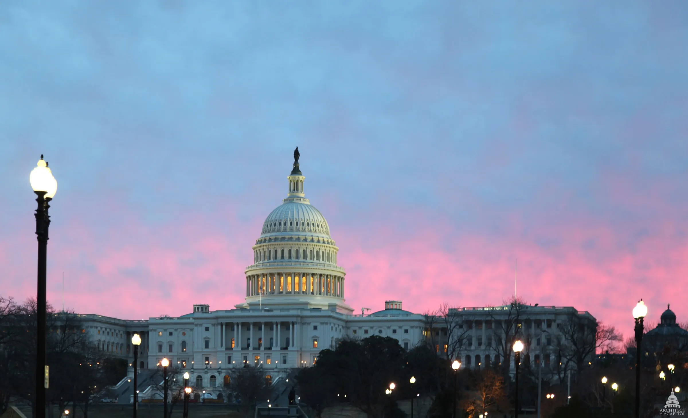 The U.S. Capitol at dawn under a pink and blue sky